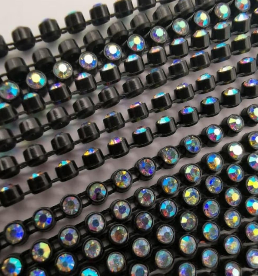 Rhinestone Banding; SS6 AB Black (per yard)