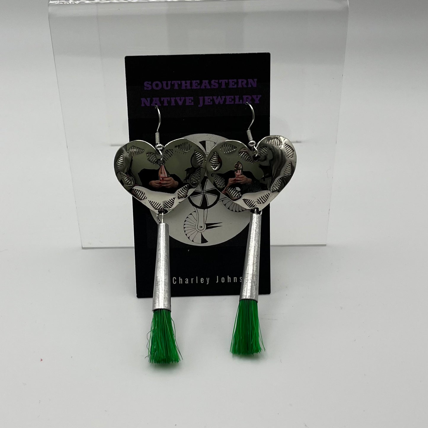 Charley Johnson German Silver Heart Shaped Earrings with Horse Hair; Large, Green