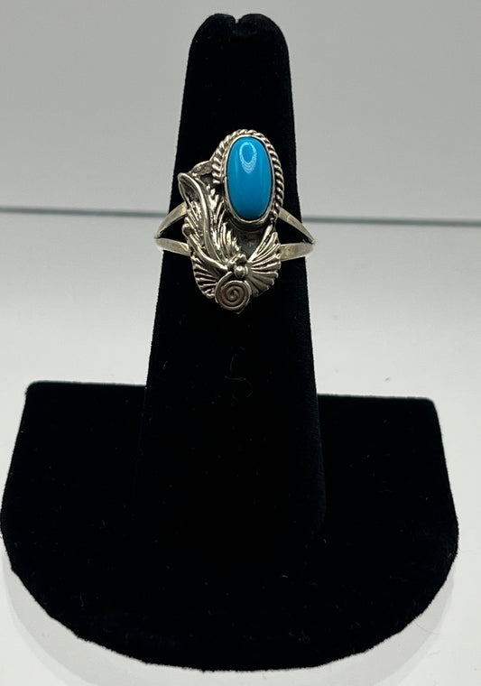 Blue Turquoise and Sterling Silver Oval Shaped Ring with Feather and Floral Design; Size 7