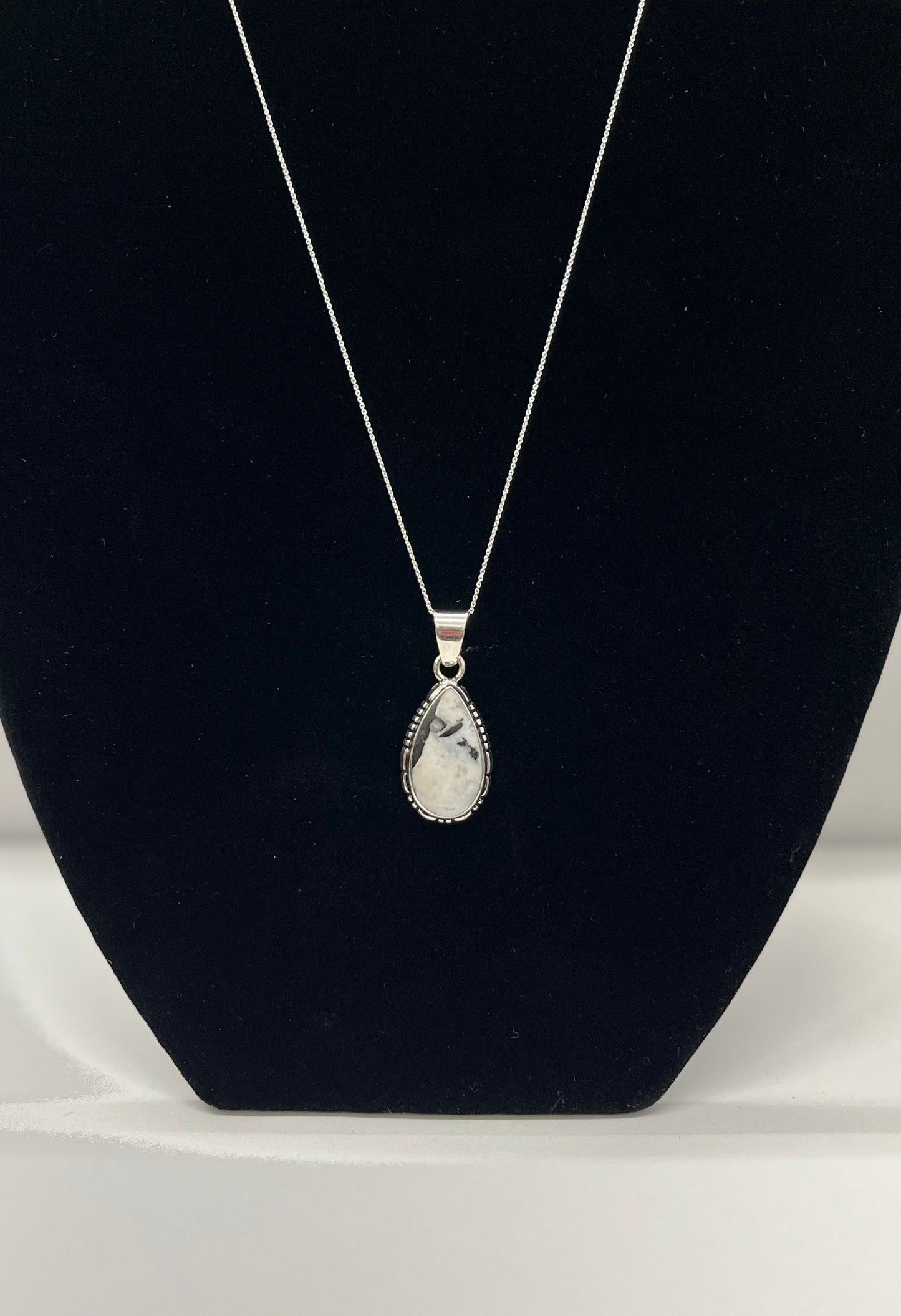 White Buffalo Turquoise and Sterling Silver Pear Shaped Pendant with chain