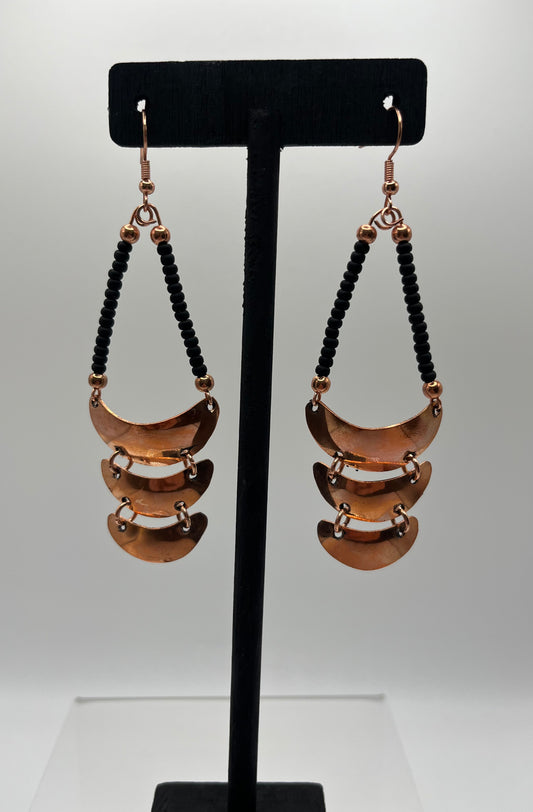 Charley Johnson Earrings; Mini Triple Gorget in Copper with Black Beads