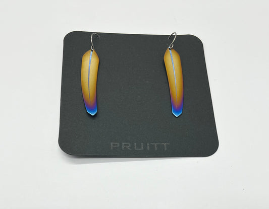 Pat Pruitt Titanium Small Feather Earrings Bronze with Purple and Light Blue Tips