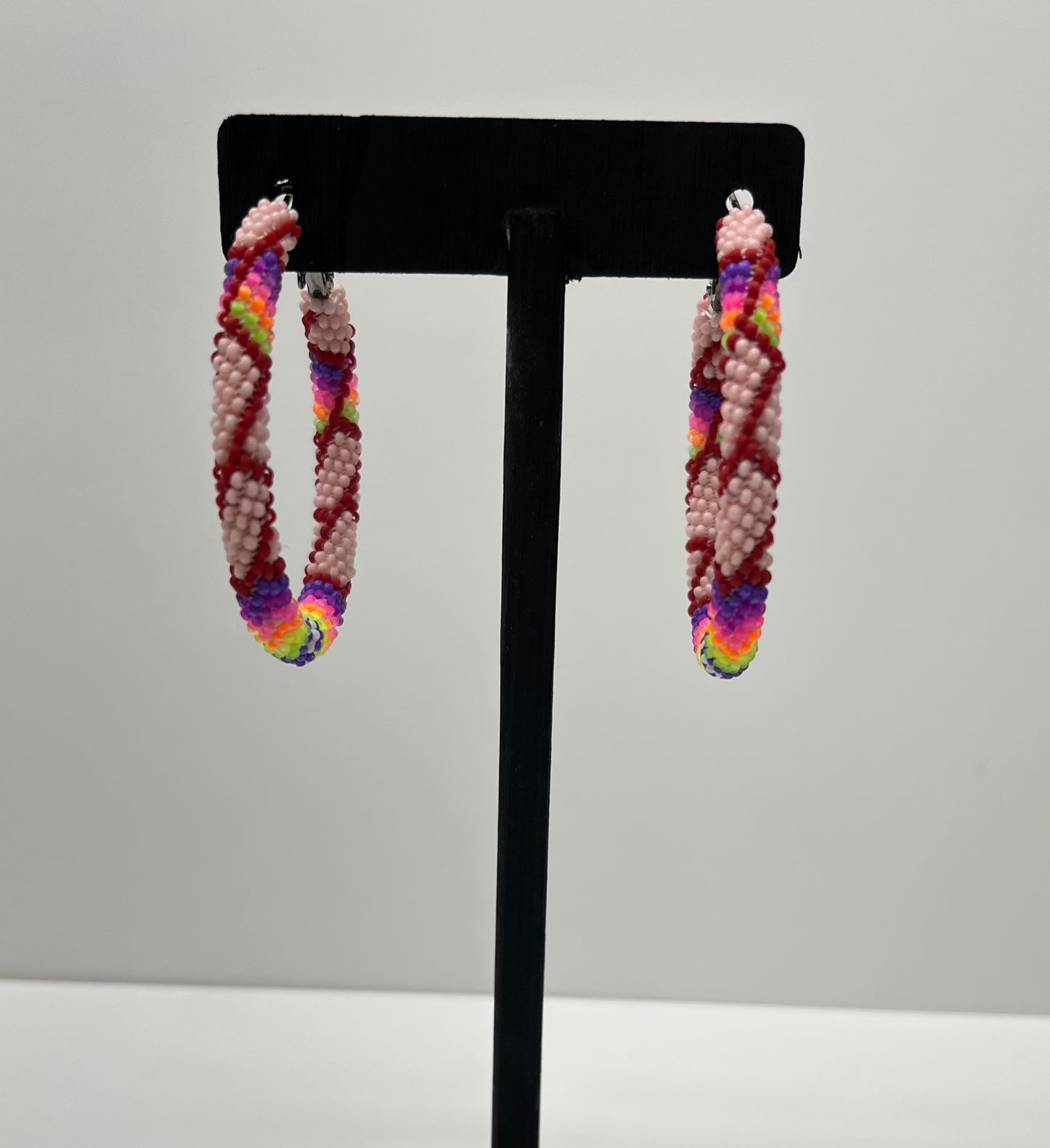 Large Beaded Hoop Earrings; Light Pink with Neon