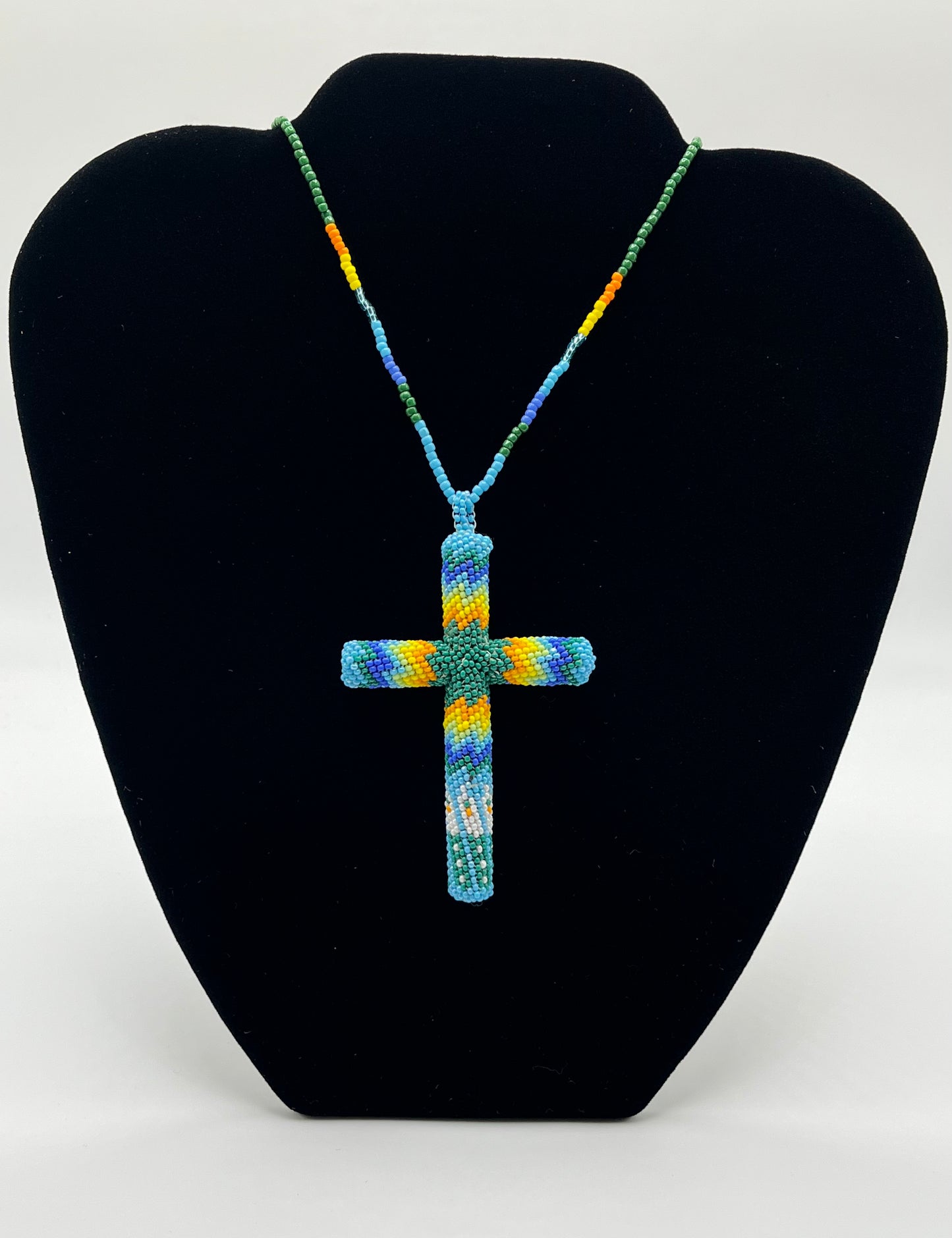 Beaded Cross Green with Yellow and Blue detail