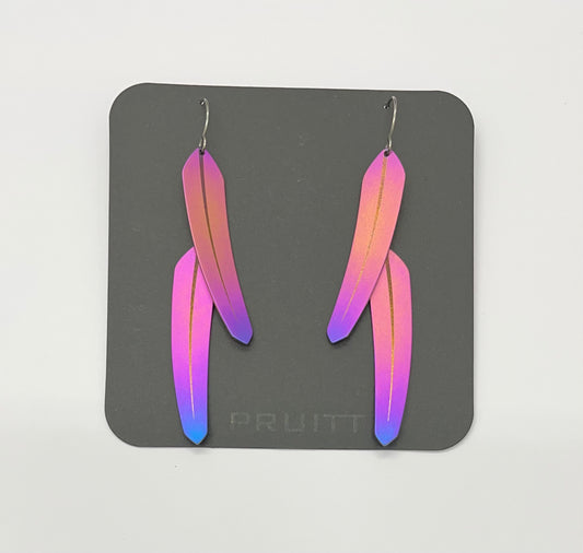 Pat Pruitt Titanium Small Double Feather Earrings Coral, Pink, Purple