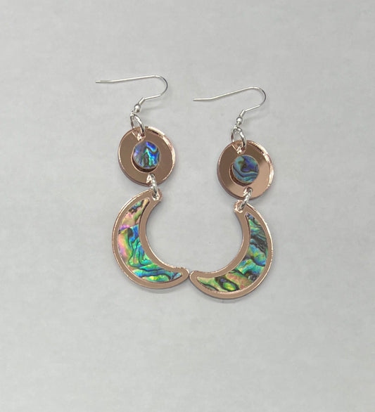 Rose Gold and Abalone Crescent Moon acrylic earrings