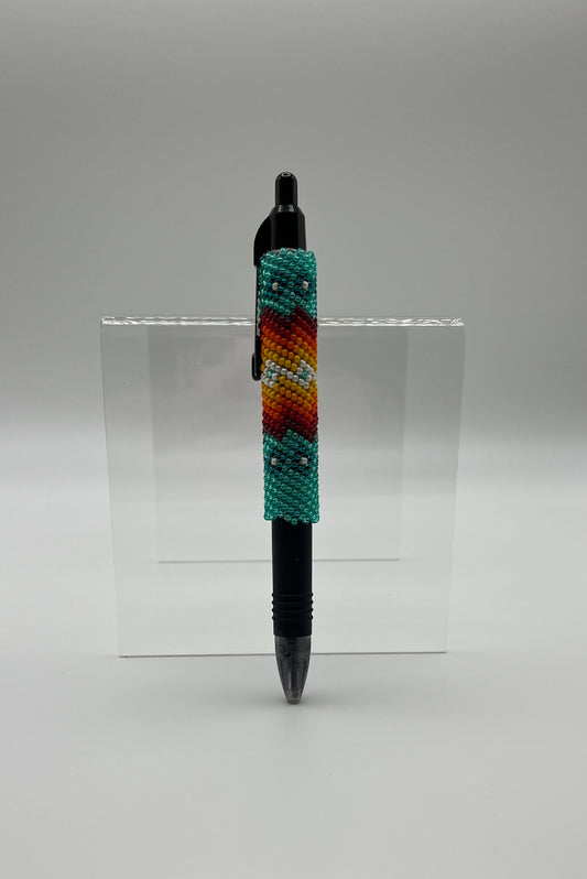 Beaded Pen; Green with Floral Detail