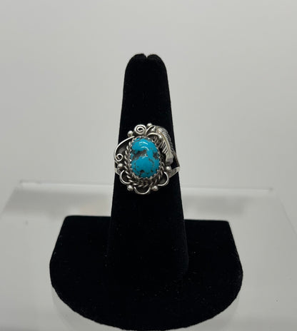 Turquoise and Sterling Silver Ring with Feather Detail Size 7.5