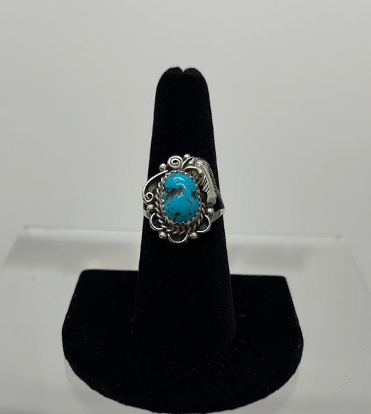 Turquoise and Sterling Silver Ring with Feather Detail Size 7.5