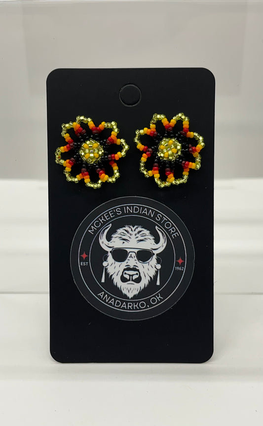 Beaded Floral Earrings; Golden Yellow