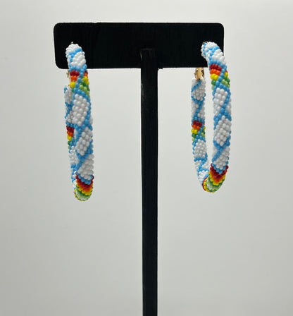 Large Beaded Hoop Earrings; White and Baby Blue