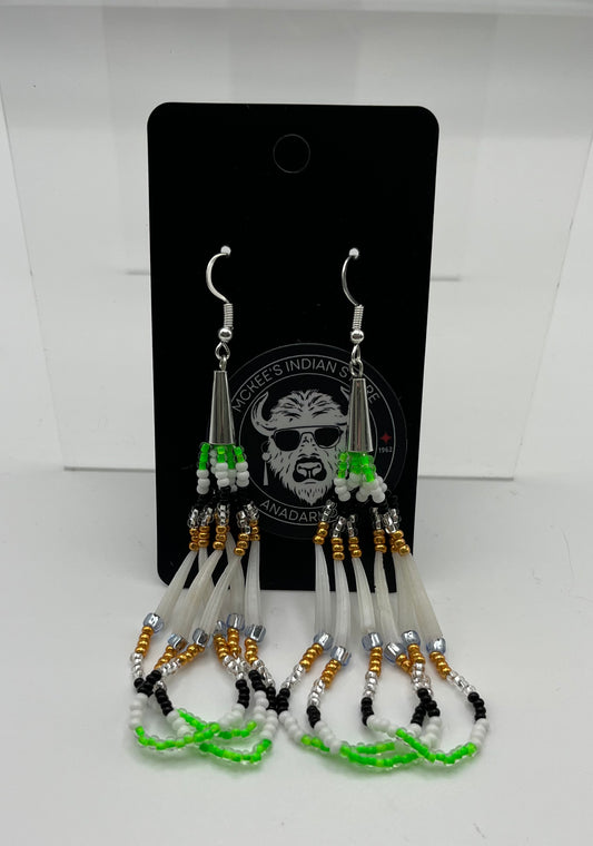 Beaded Earrings with Dentalium; Black and Green