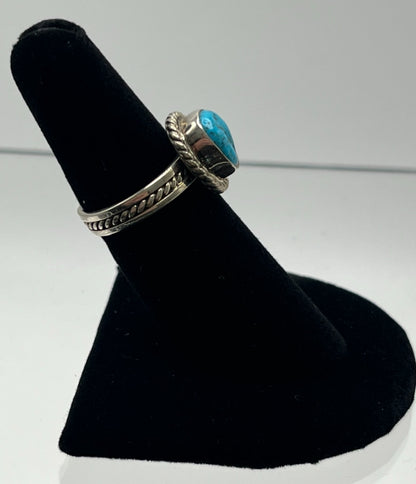 Small, Nugget Turquoise and Sterling Silver Ring with Rope Design Band; Size 7