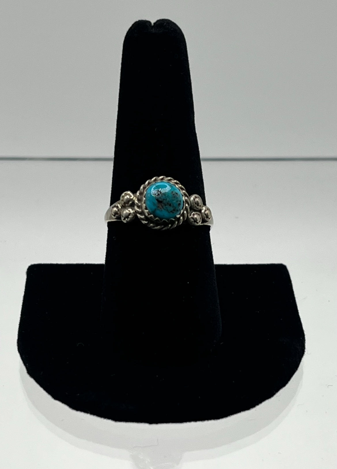Small Blue Turquoise and Sterling Silver Ring with 3 Point Detail; Size 10