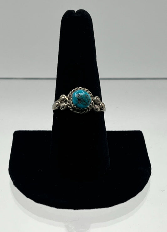 Small Blue Turquoise and Sterling Silver Ring with 3 Point Detail; Size 10