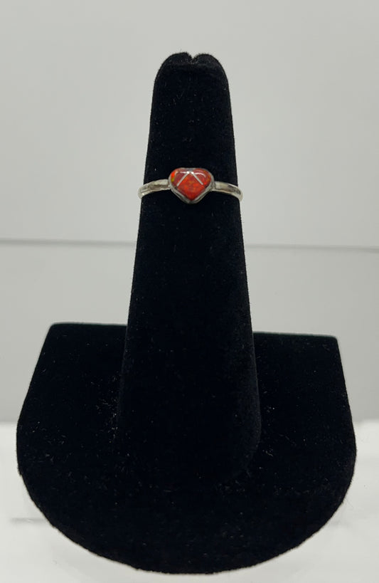 Petite Red Opal and Sterling Silver Heart Ring Size 5