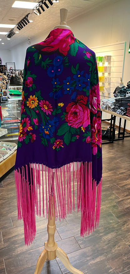 Kokum Shawl; Purple with Pink Fringe