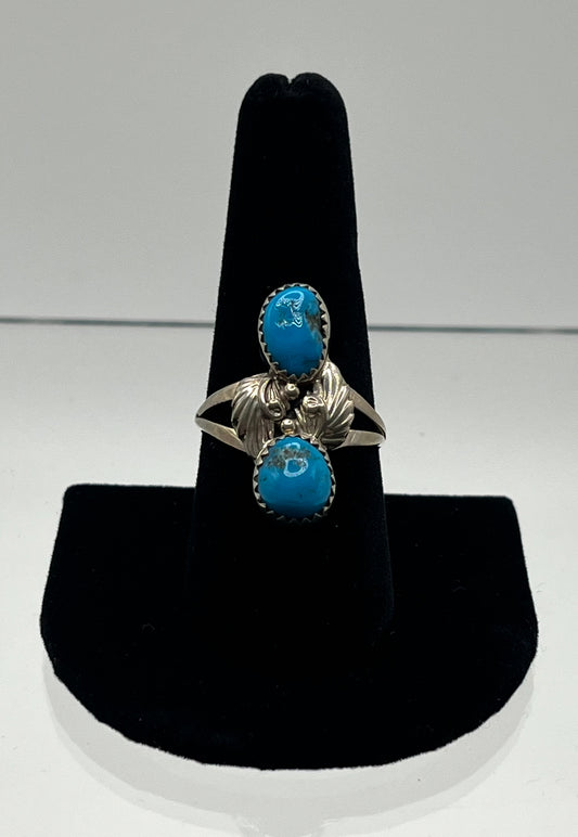 Double Stone, Blue Turquoise and Sterling Silver Ring; Size 10