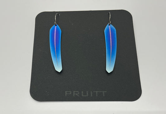 Pat Pruitt Titanium Small Feather Earrings Dark Blue with Light Blue Tips and Purple Accents