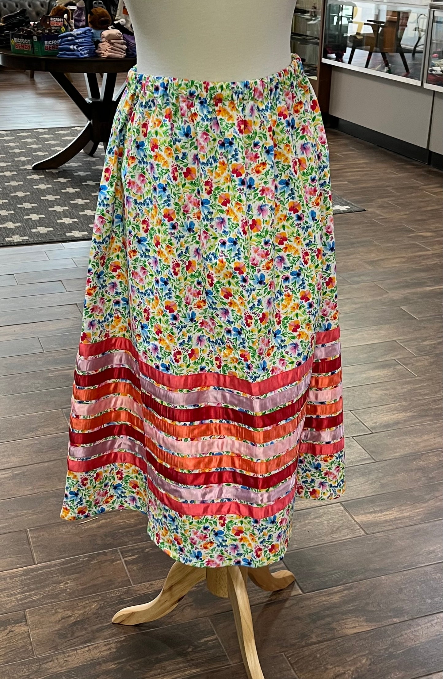 Adult Ribbon Skirt; Multi-Colored Floral on White, 32” waist
