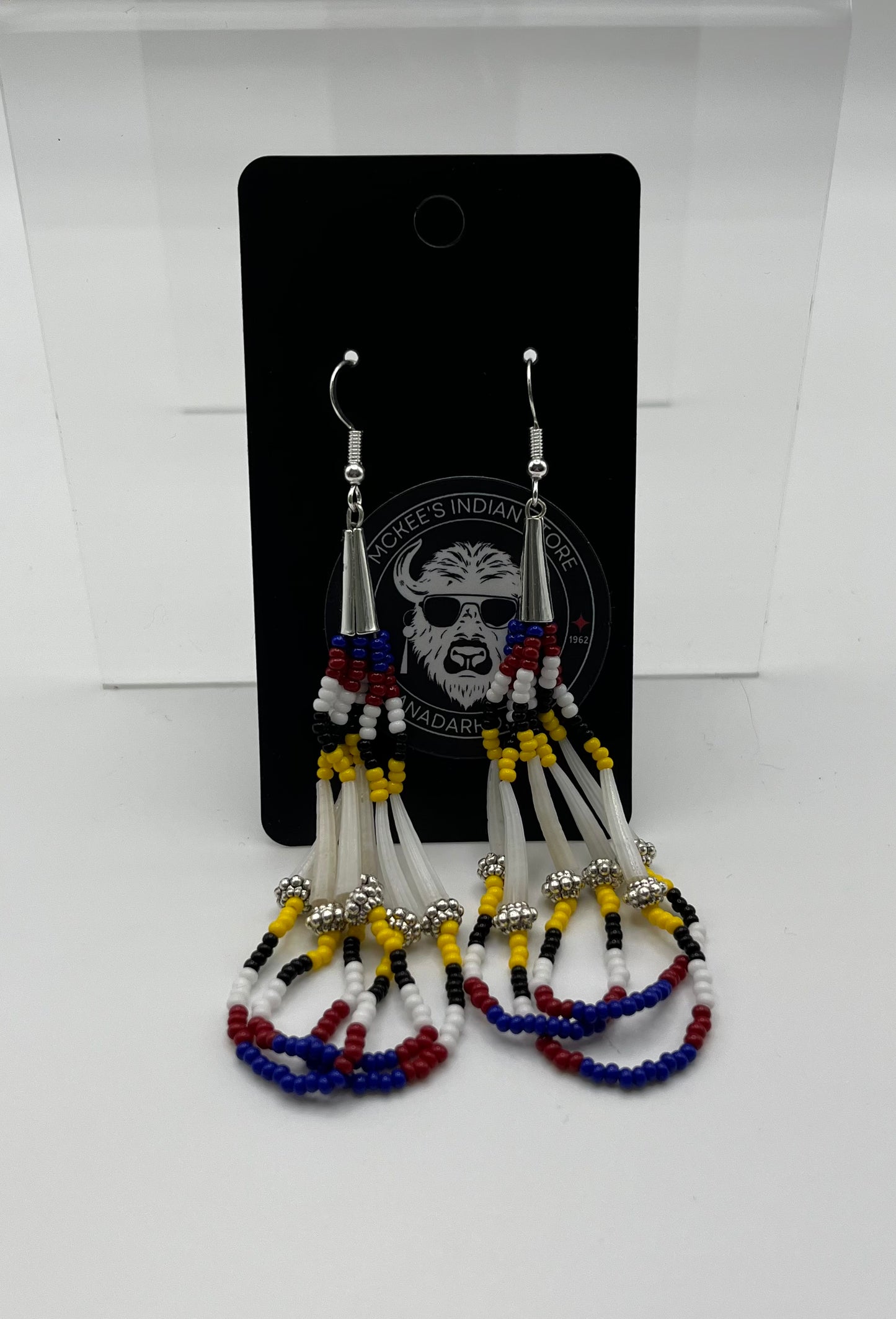 Beaded Earrings with Dentalium; Navy and Dark Red