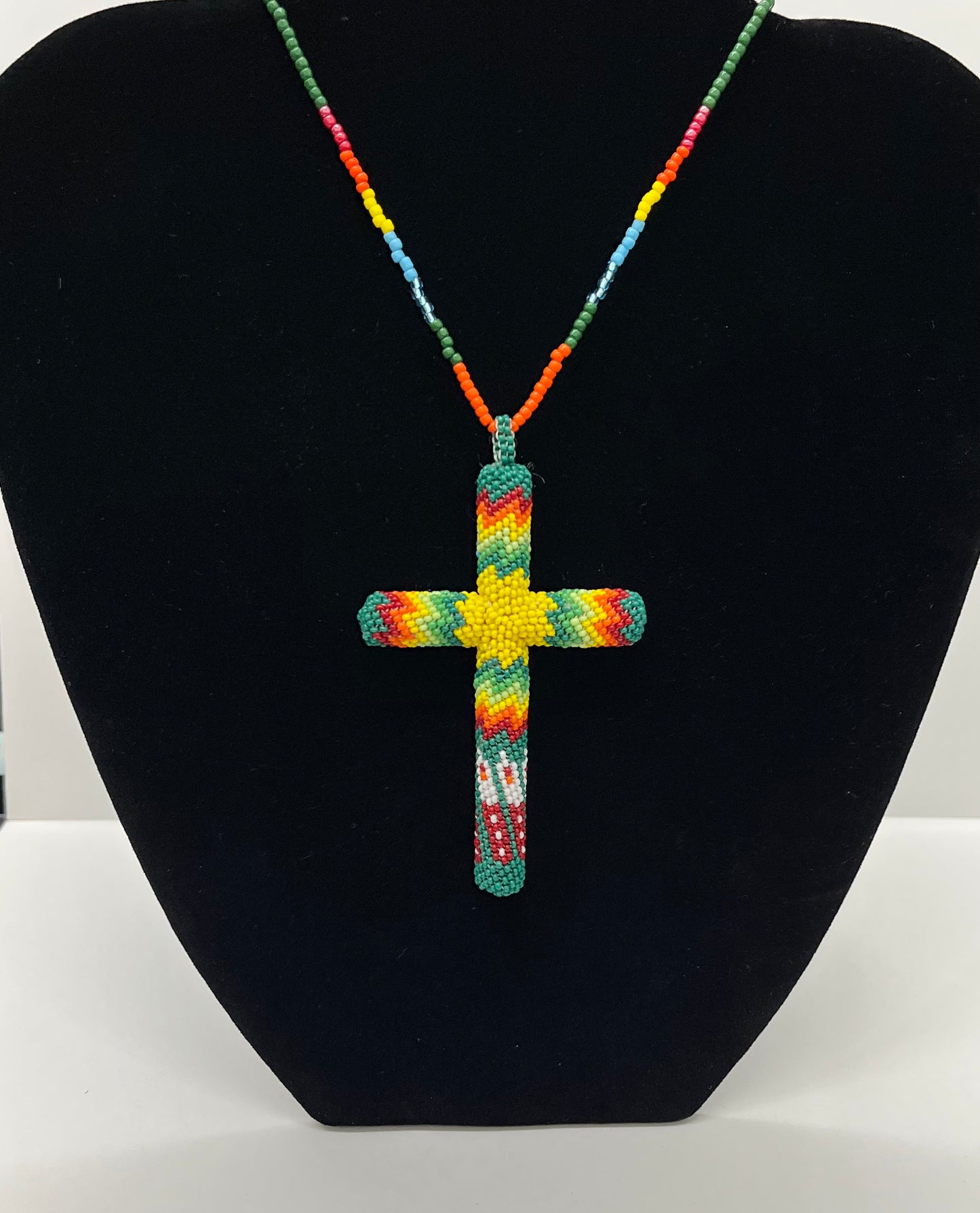 Beaded Cross; Green and Yellow