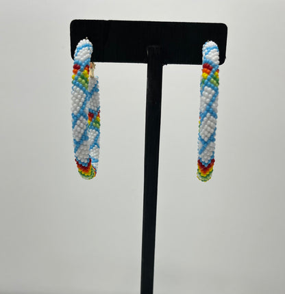 Large Beaded Hoop Earrings; White and Baby Blue