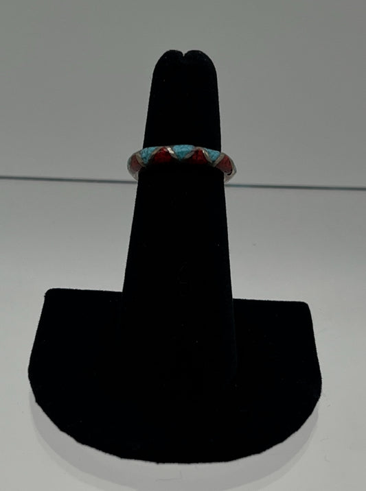 Turquoise, Coral and Sterling Silver Band; Size 5.5