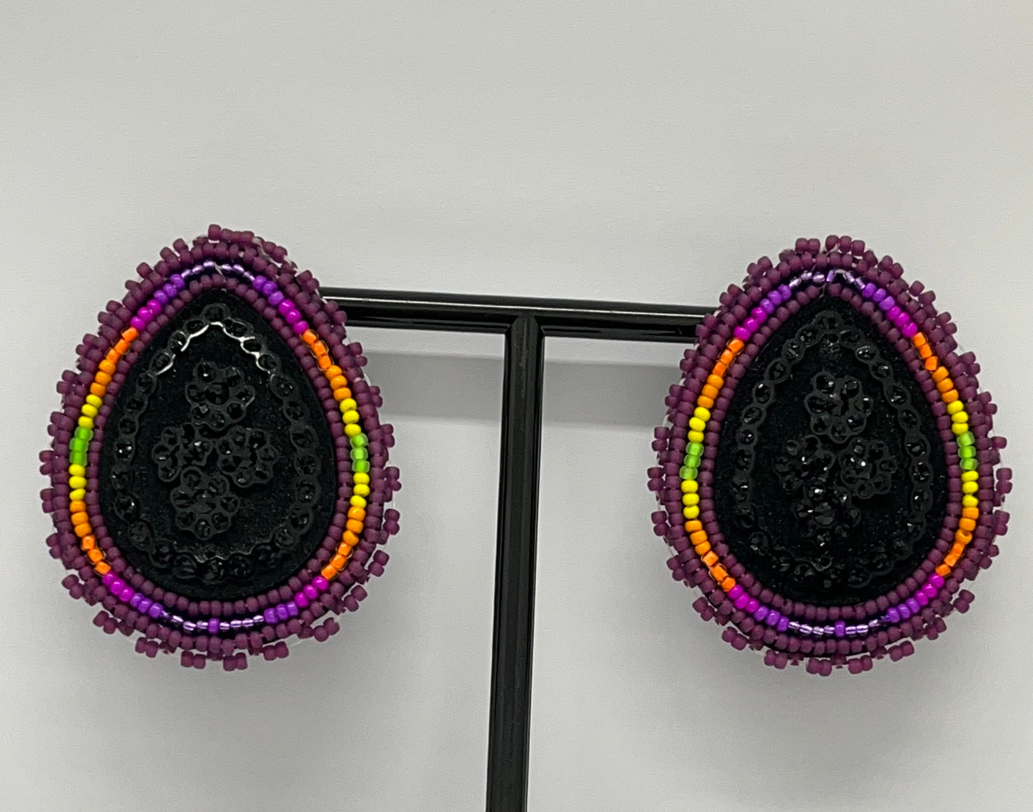 Large Beaded Earrings Black with Purple Accent