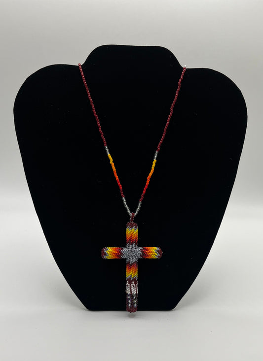Beaded Cross; Grey and Maroon
