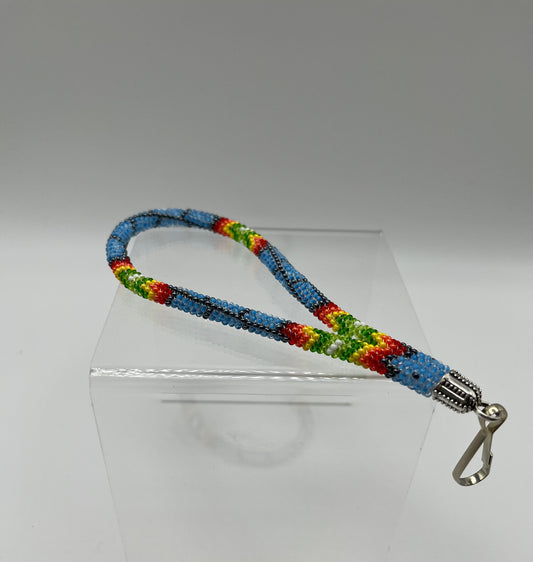Beaded Keychain Wristlet; Blue with Green and Yellow Detail