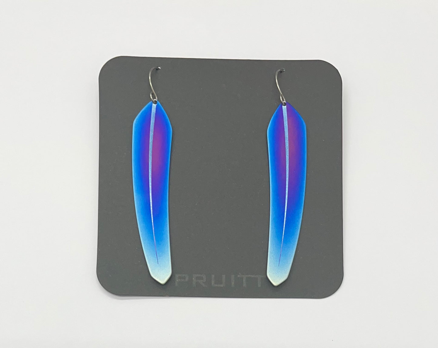 Pat Pruitt Titanium Large Feather Earrings Dark Blue and Purple with Light Blue Tips