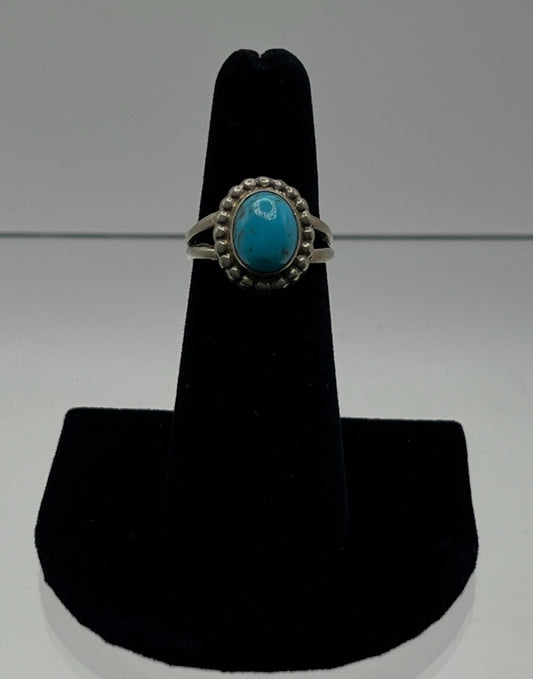 Small, BlueTurquoise and Sterling Silver Ring with Dot Edge Detail; Size 6.5
