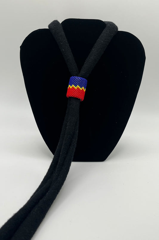 Broadcloth Bolo Tie; Black with Blue and Red Beaded Slide