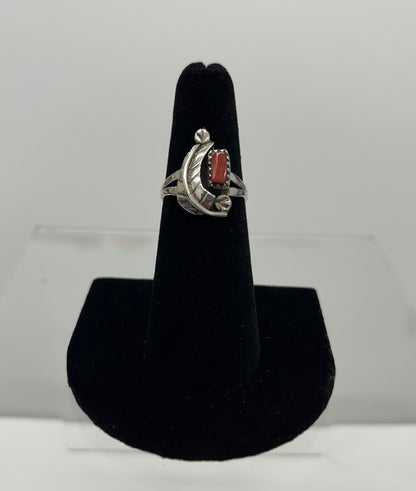 Coral and Sterling Silver Ring with Feather Detail Size 7