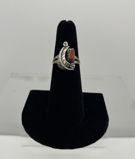 Coral and Sterling Silver Ring with Feather Detail Size 7