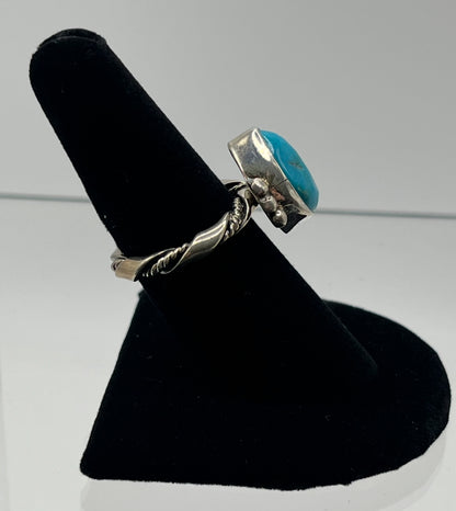 Turquoise and Sterling Silver Pear Shaped Ring with Rope Design Band; Size 7.75