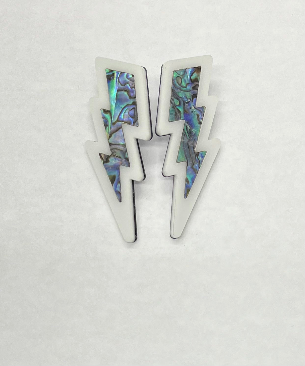 Lightning Bolt Earrings White acrylic and Abalone