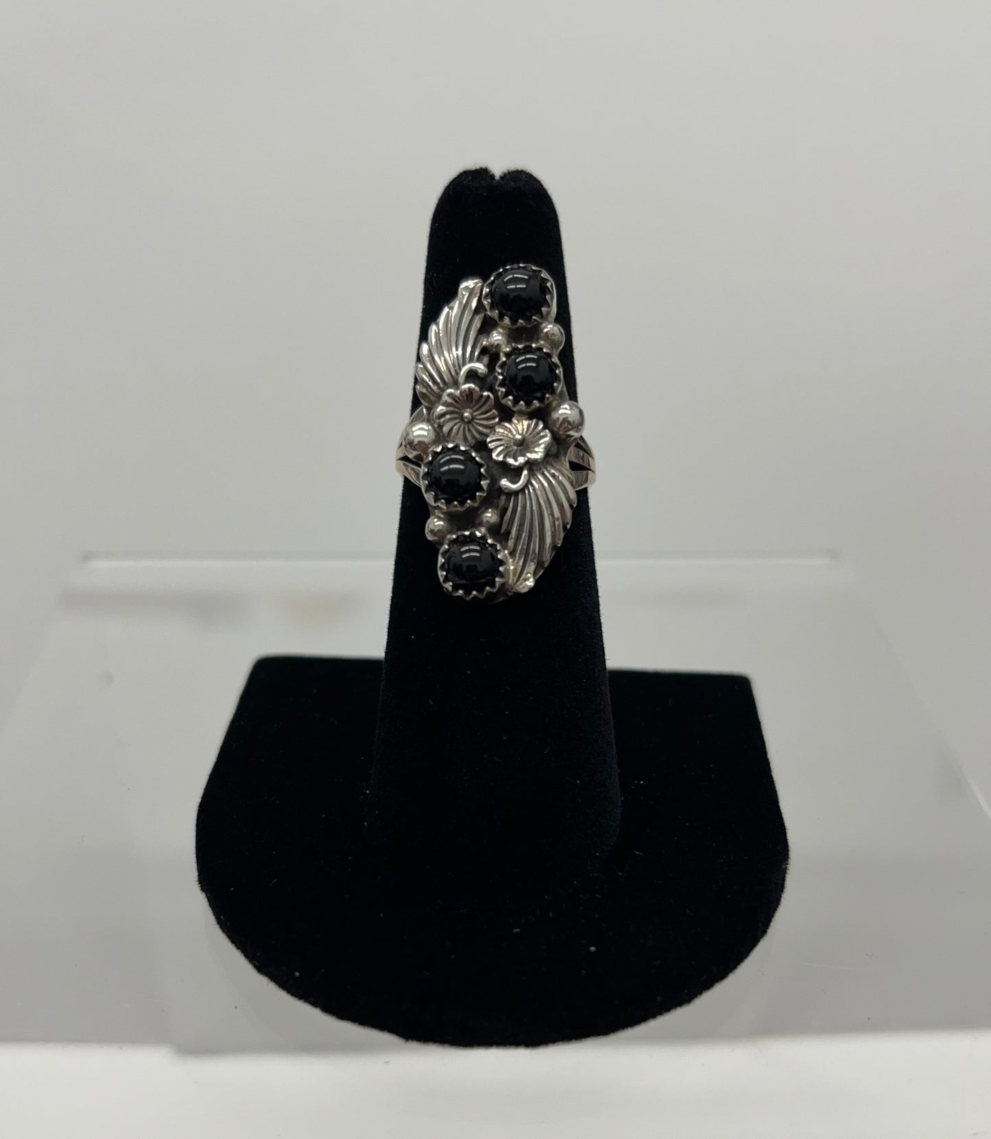 Onyx and Sterling Silver Ring with Floral Design size 6.75