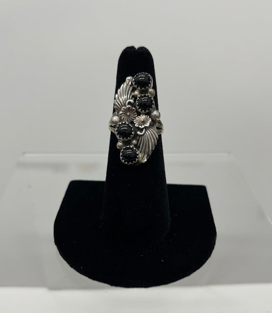 Onyx and Sterling Silver Ring with Floral Design size 6.75