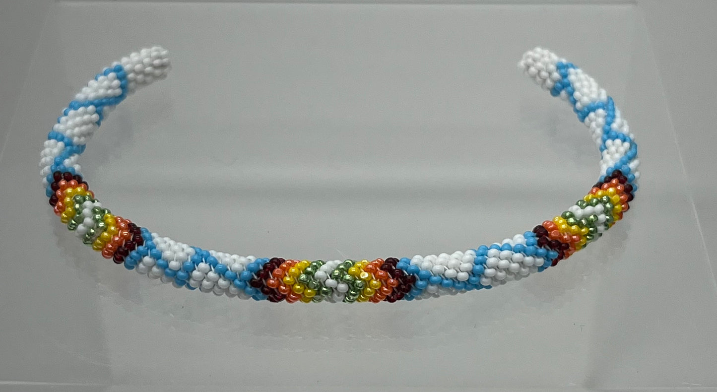 Beaded Bracelet; White with Light Blue Detail