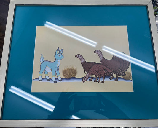 Acee Blue Eagle framed print; blue deer and turkeys from the book Echogee