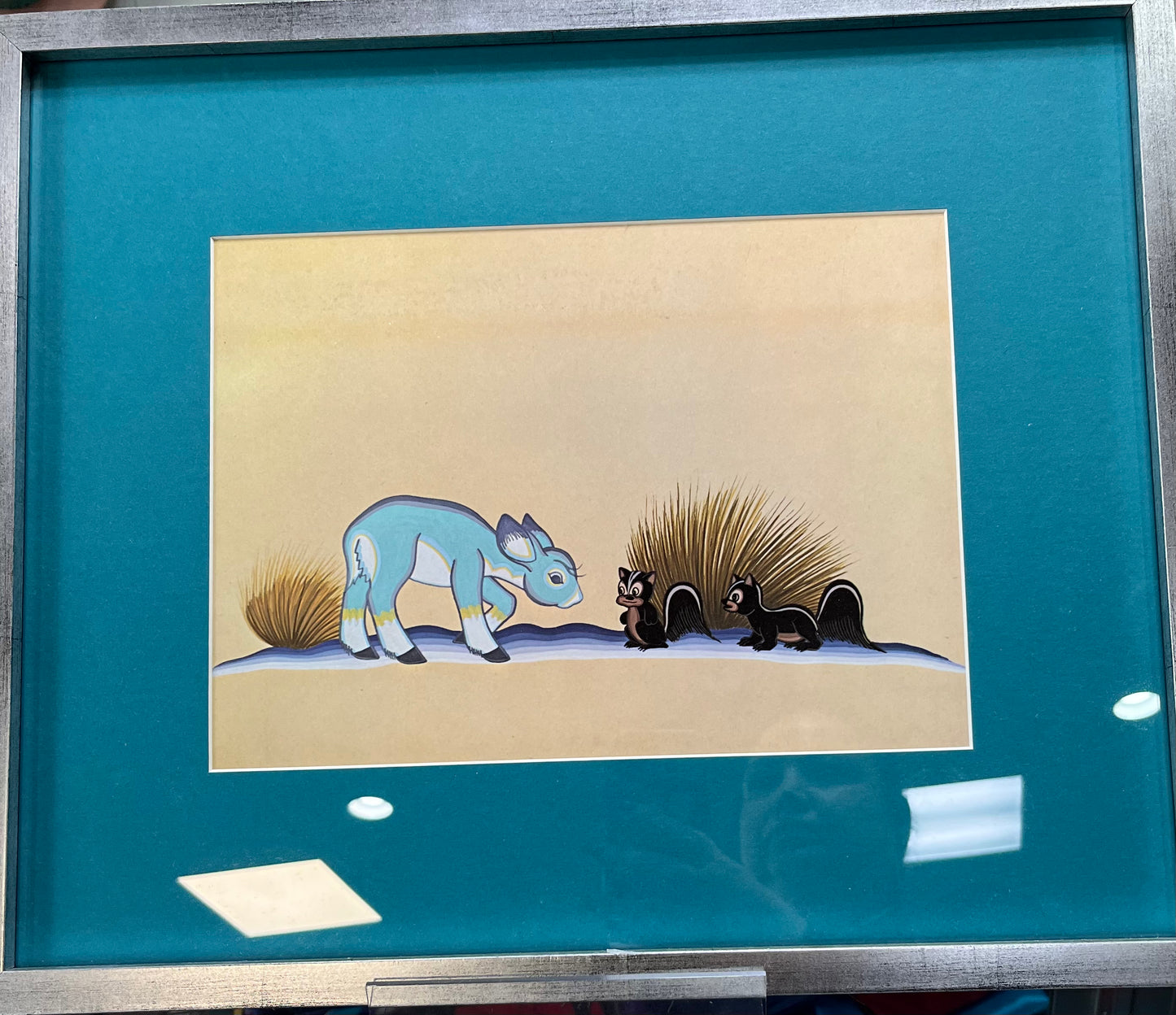 Acee Blue Eagle framed print; blue deer and skunks from the book Echogee