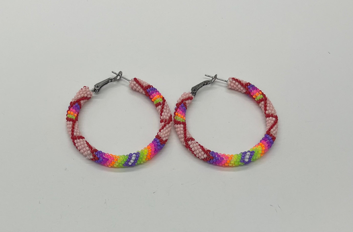 Large Beaded Hoop Earrings; Light Pink with Neon