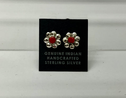 Small Coral and Sterling Silver Flower Shaped Earrings