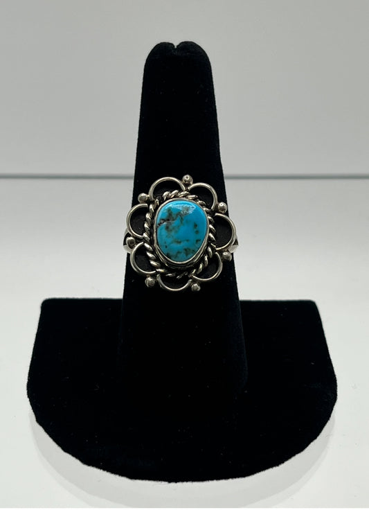 Turquoise and Sterling Silver Ring with Floral Detail; Size 9