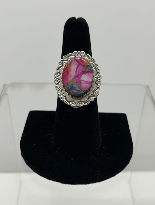 Pink Dahlia Turquoise and Sterling Silver Ring 7.25