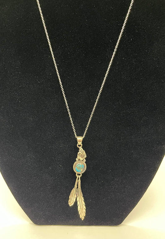Turquoise and Sterling Silver Pendant with Feather Design and Chain