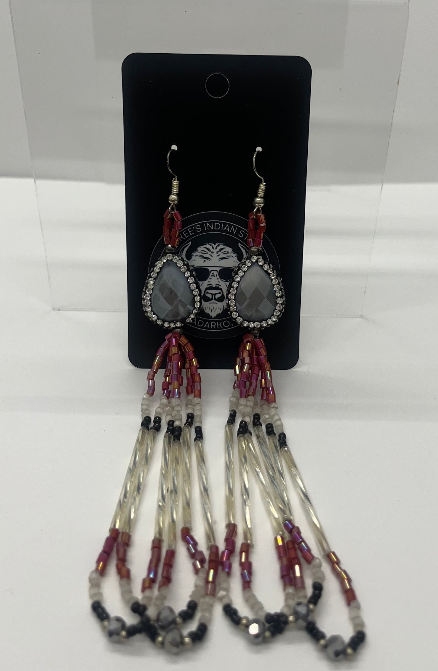 Iridescent Red Beaded Earrings with Rhinestone Banding
