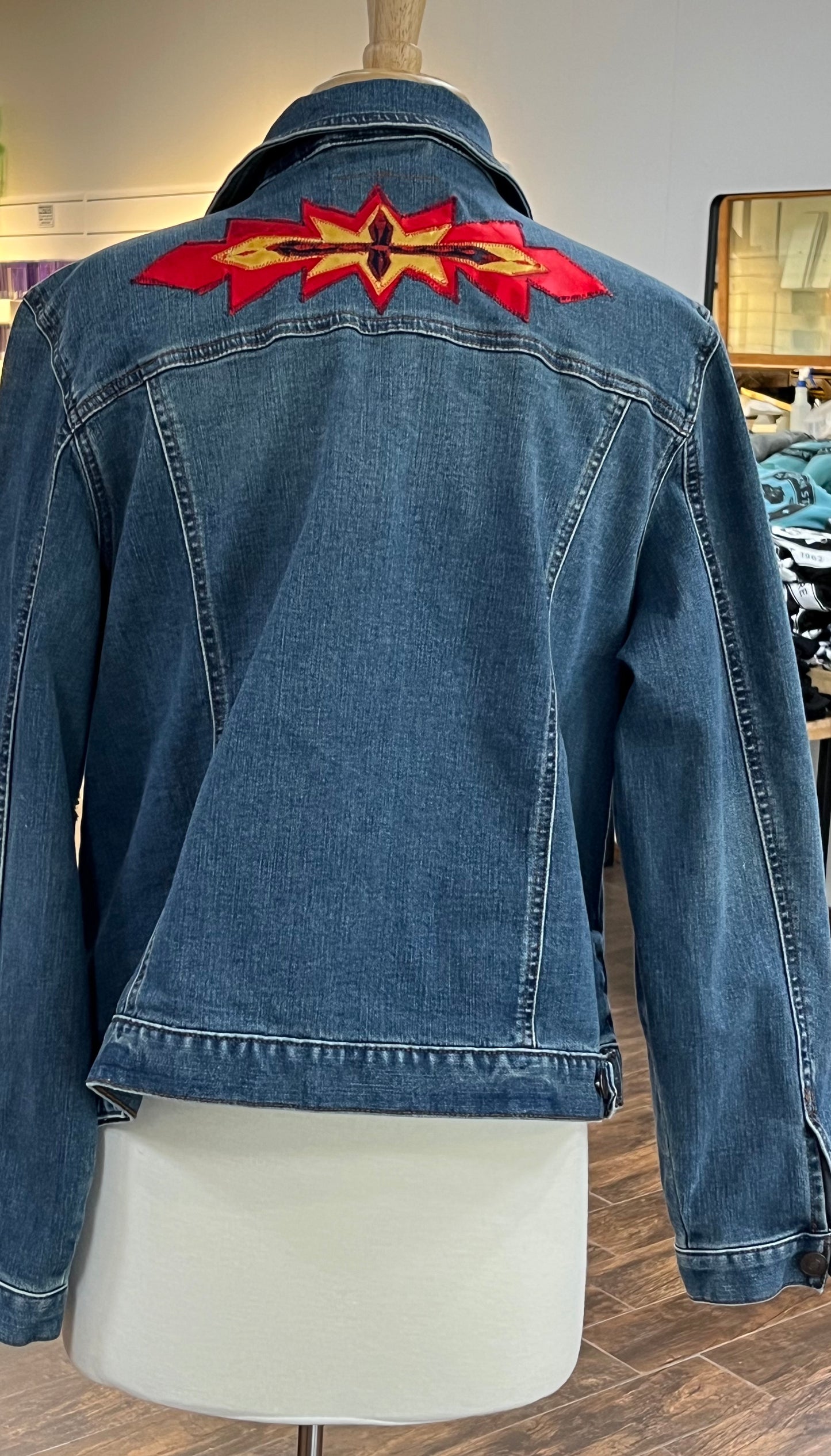 Women’s Denim Jacket with Ribbon Work; Red and Gold